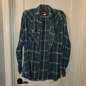 Wrangler Men's Western Pearl Snap Shirt LT Tall Man Green Blue Plaid Cowboy